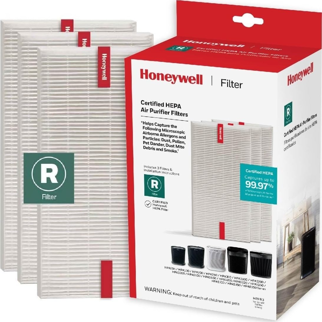 Honeywell filtro HEPA R frontal mostrando diseño y sello de calidad