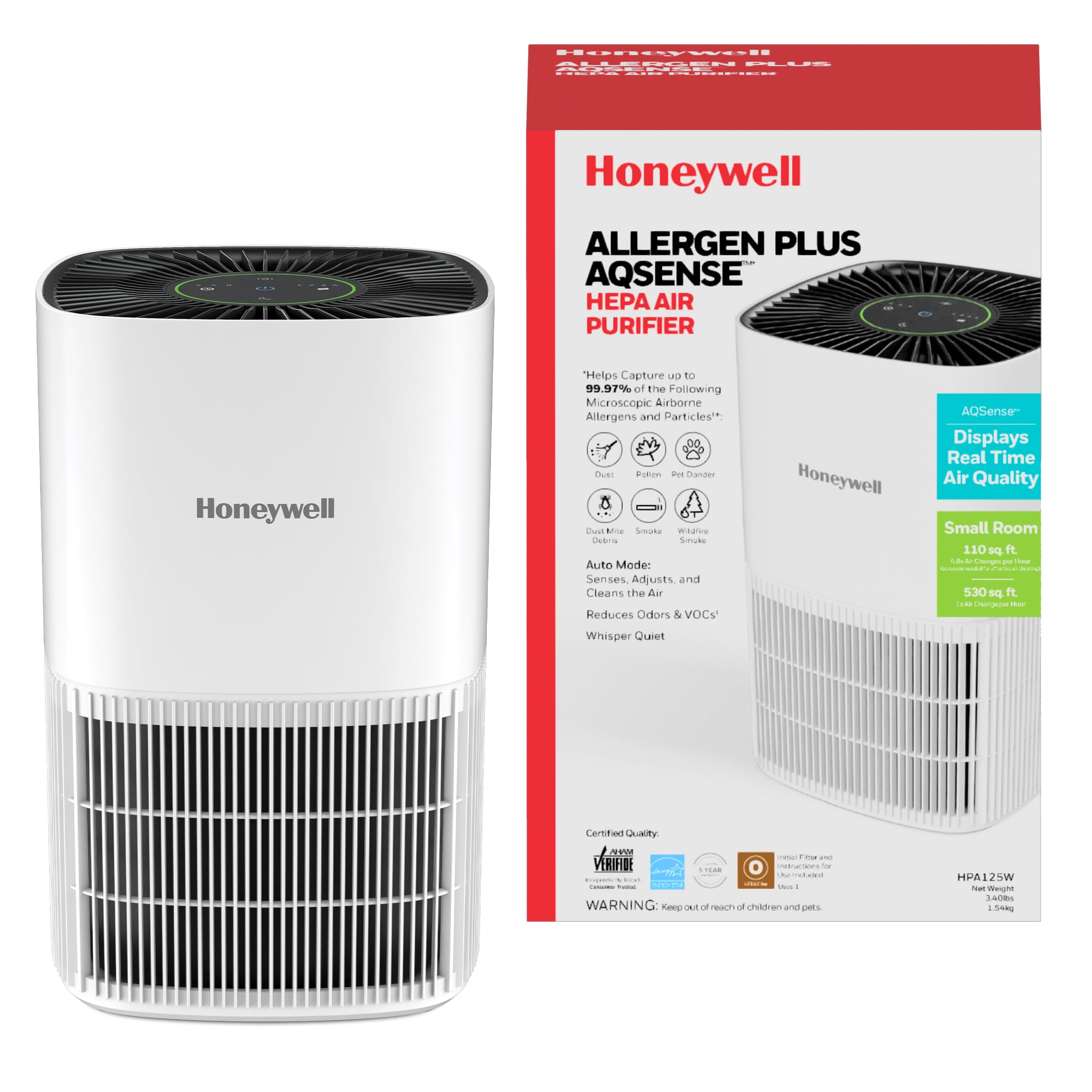 Honeywell vista frontal del purificador mostrando diseño compacto y eficiencia
