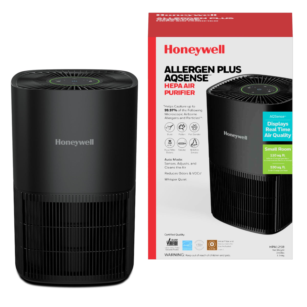 Honeywell purificador frontal negro mostrando diseño compacto y eficiencia