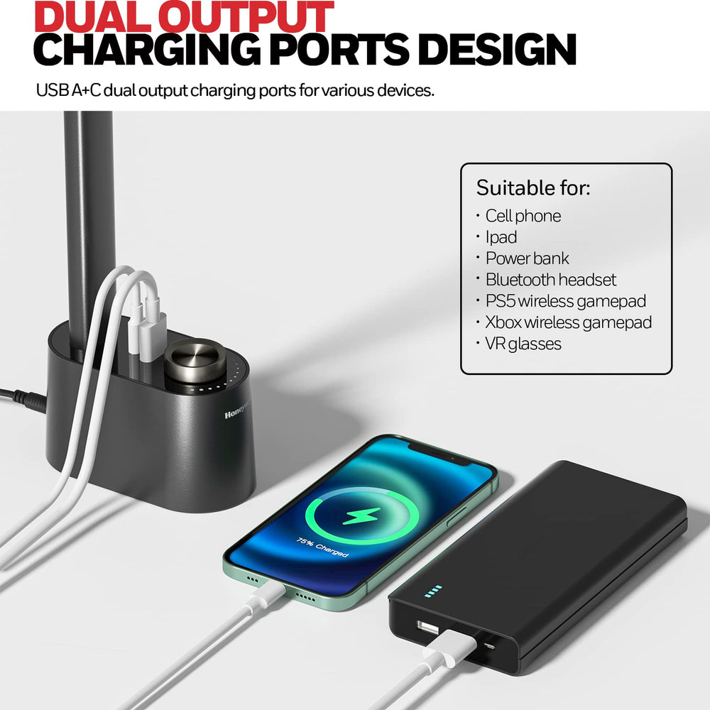 Honeywell base con puertos USB A y C visibles, carga dispositivos sin enchufes