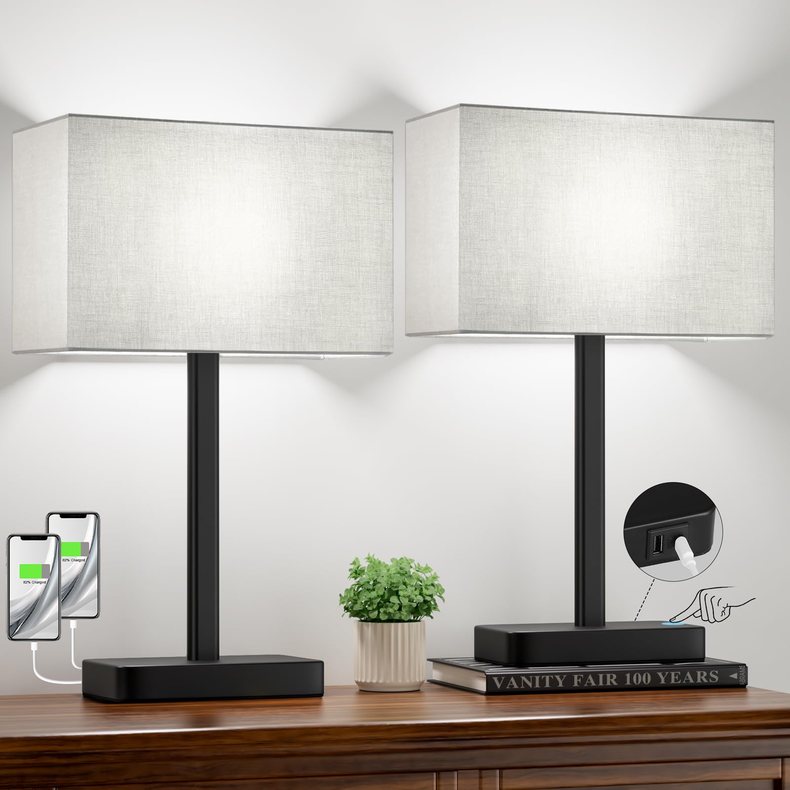 Hong-in front view of grey bedside lamps showing modern matching set and convenience