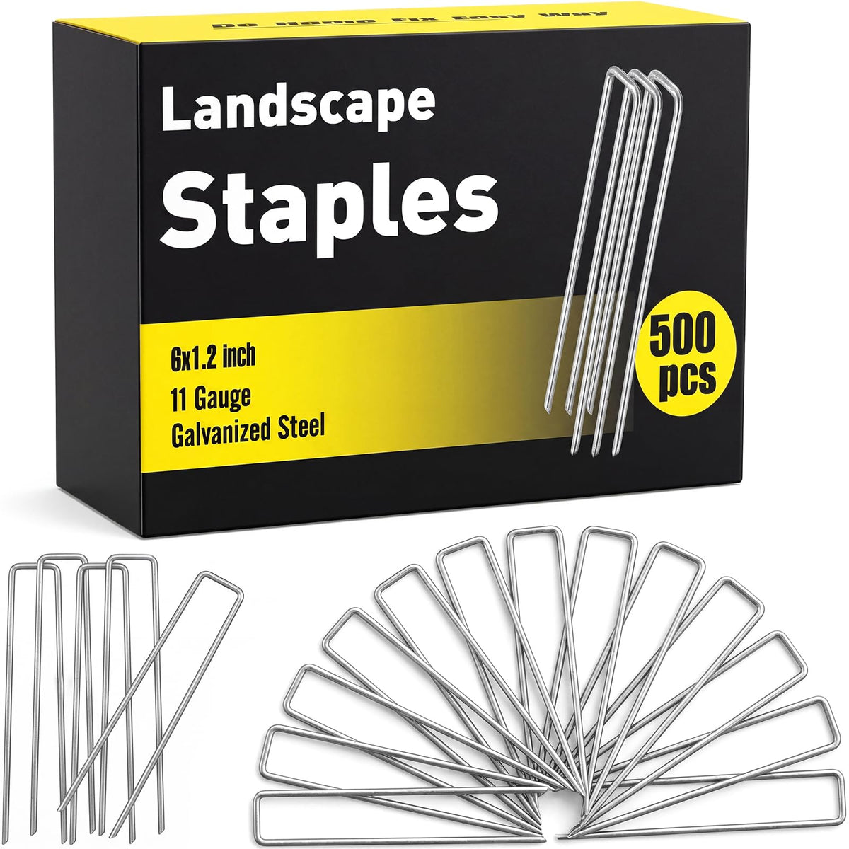 HongWay front packaging showing 500 galvanized landscape staples and easy storage benefit