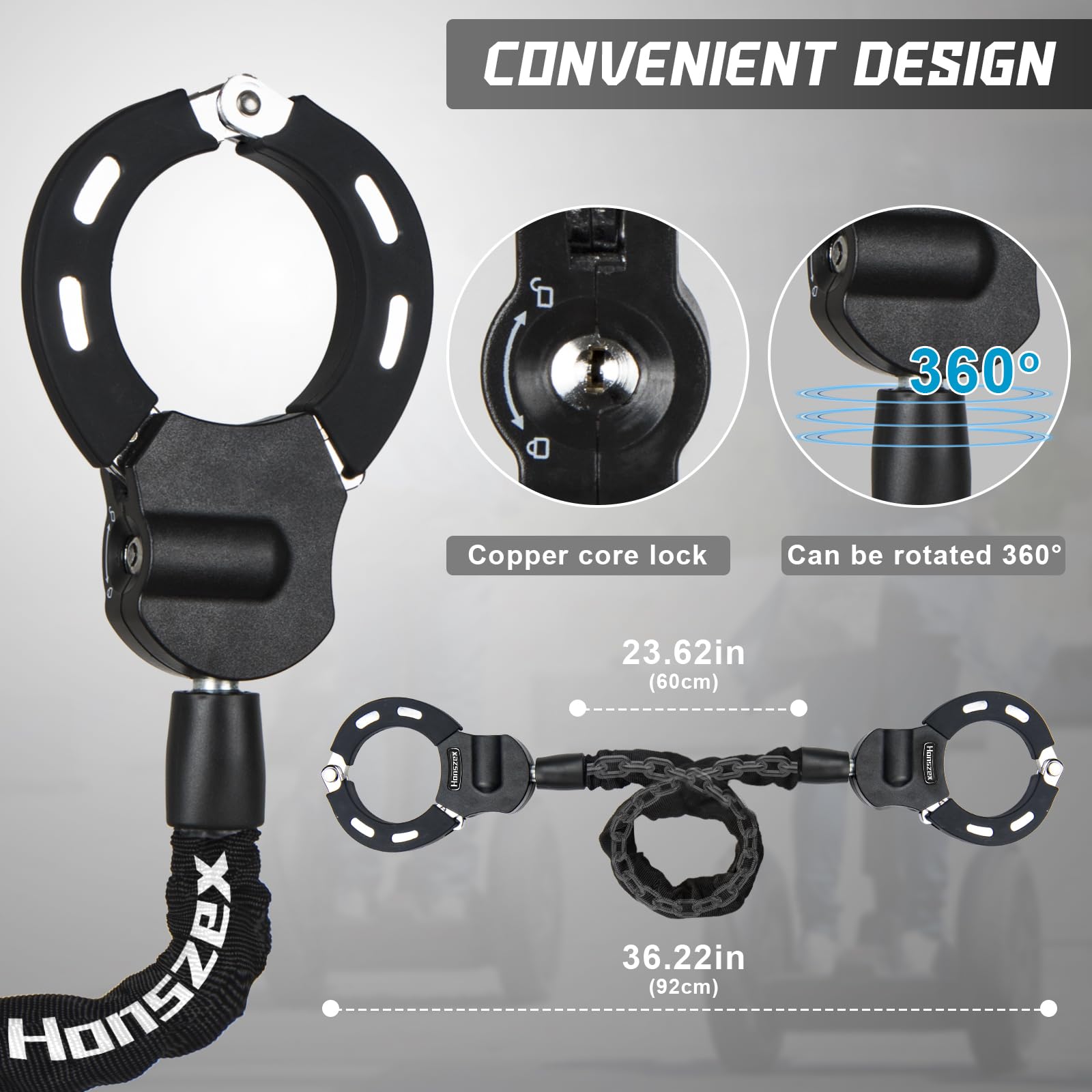 Honszex candado junto a patinete para comparar tamaño y alcance