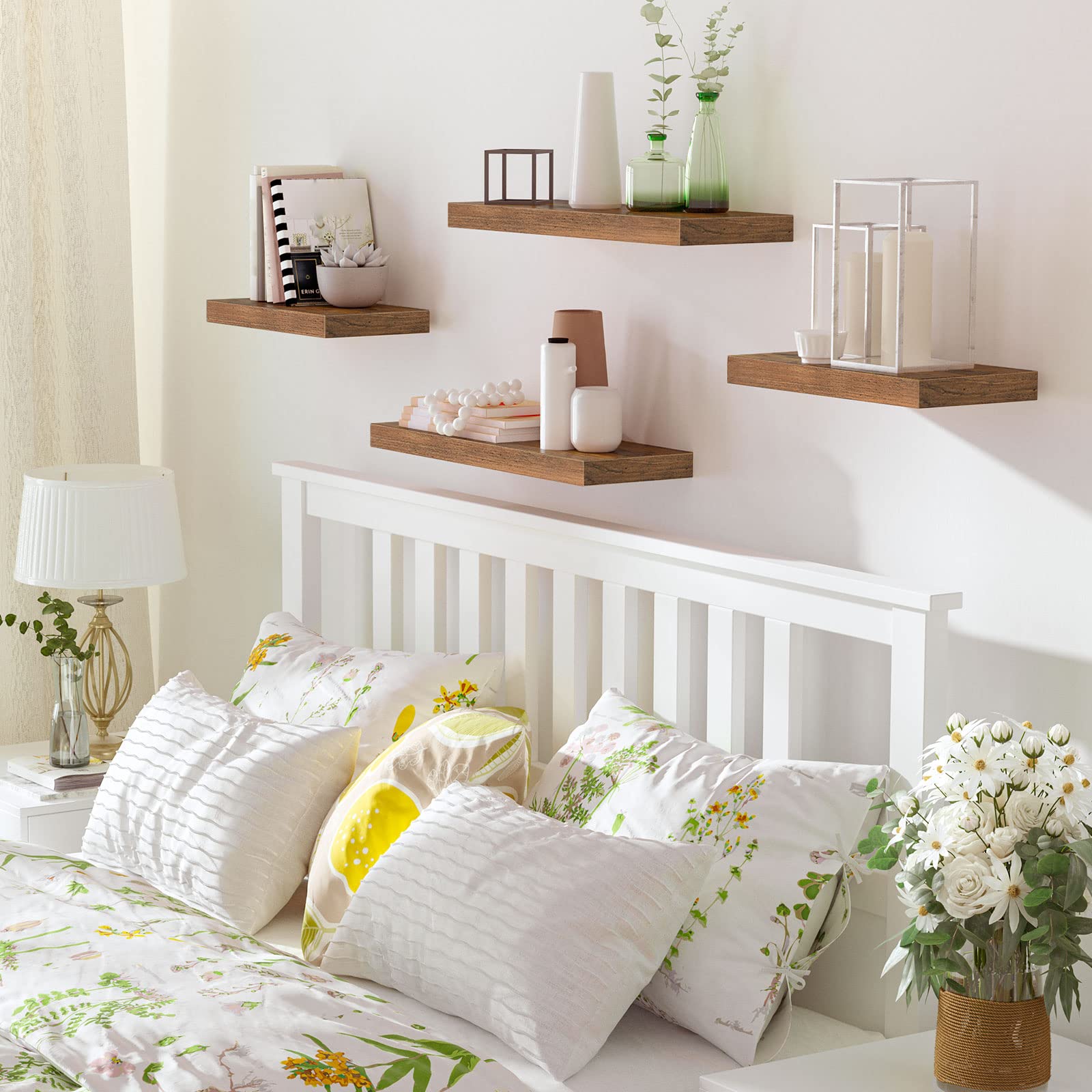 HOOBRO styled bedroom shelf with candles and photos to add warm rustic decor accents