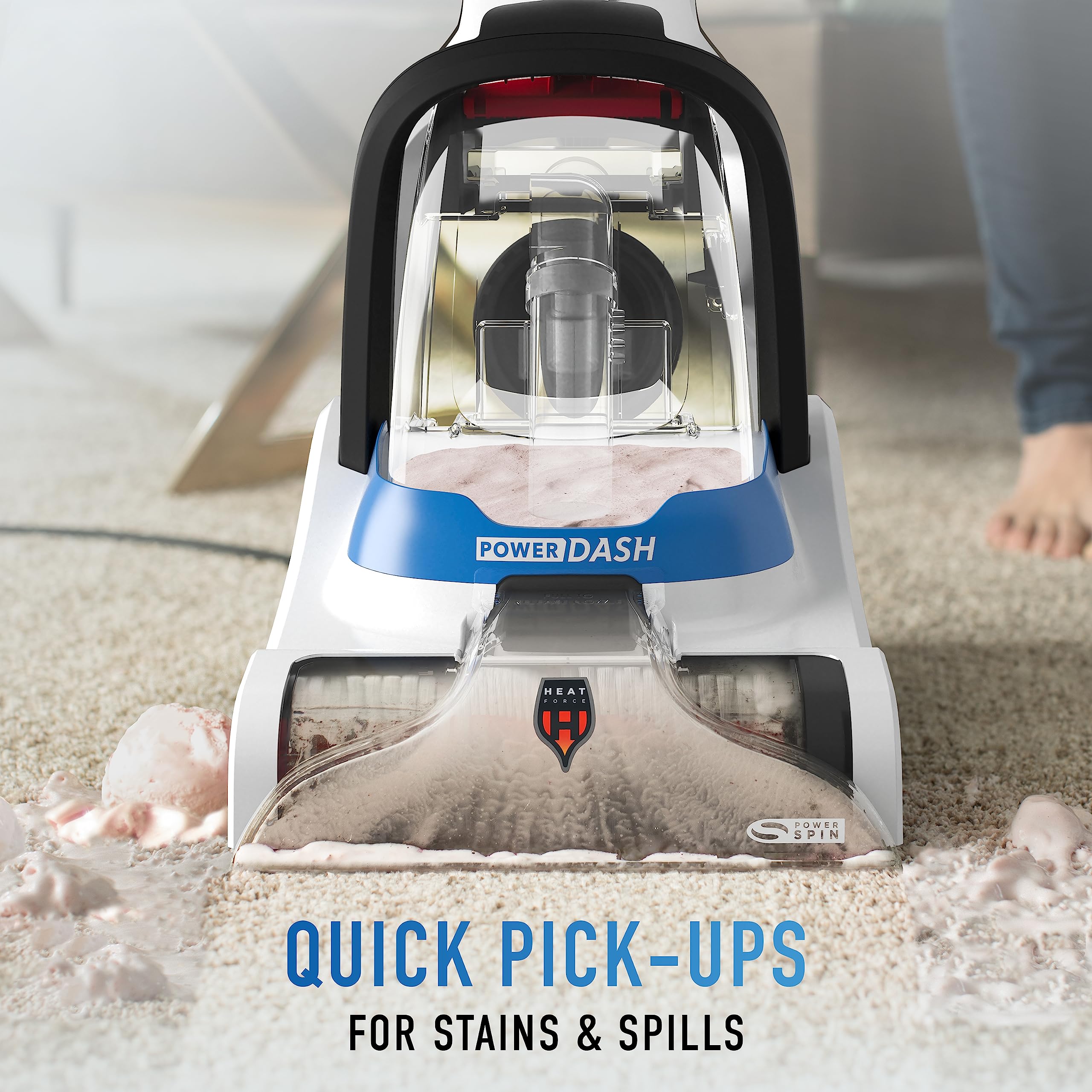 Hoover PowerDash Pet etiqueta y controles mostrando instrucciones claras