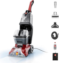 Hoover PowerScrub Deluxe frontal mostrando diseño y controles, limpieza eficaz