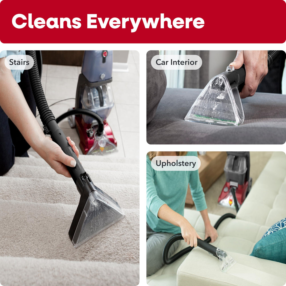 Hoover PowerScrub limpiando tapicería de sofá con herramienta dedicada para muebles