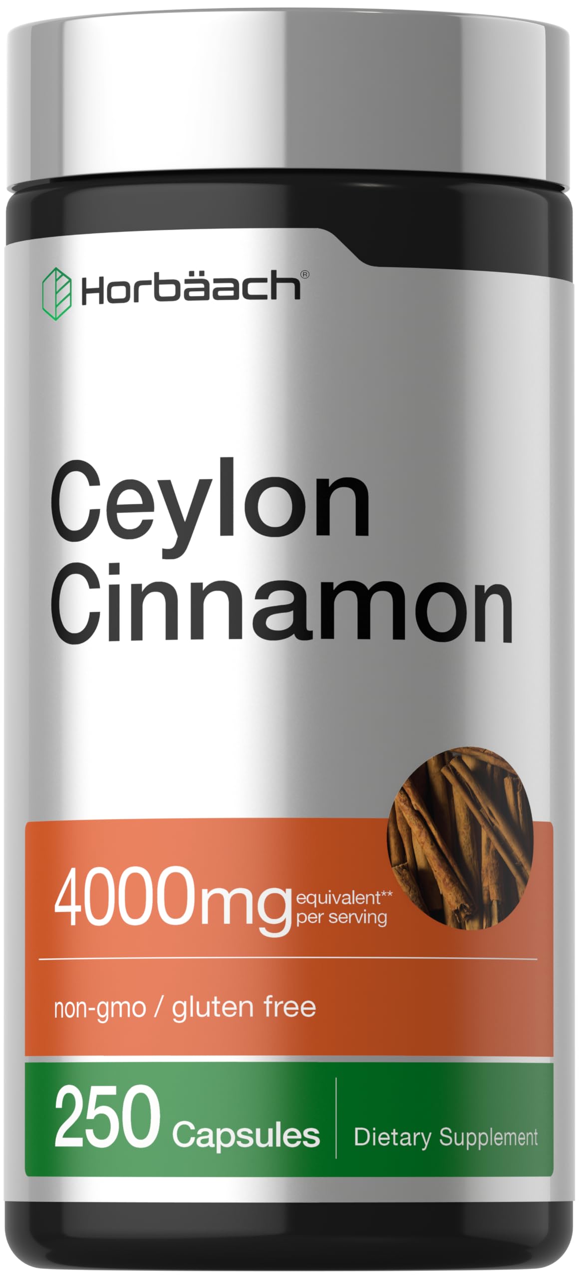 Horbäach frasco frontal de canela de Ceilán mostrando etiqueta y tamaño