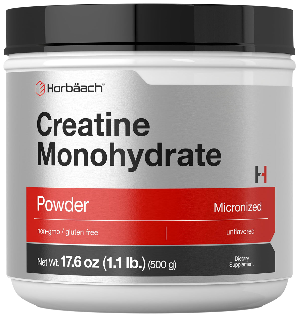 Horbäach envase frontal de creatina monohidrato, presentación clara y confianza