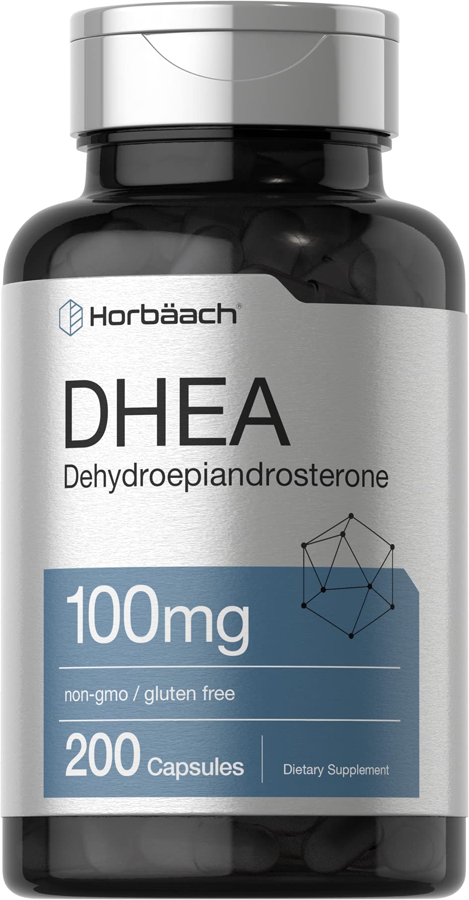 Horbäach frasco de DHEA 200 cápsulas mostrando la etiqueta y el tamaño del envase