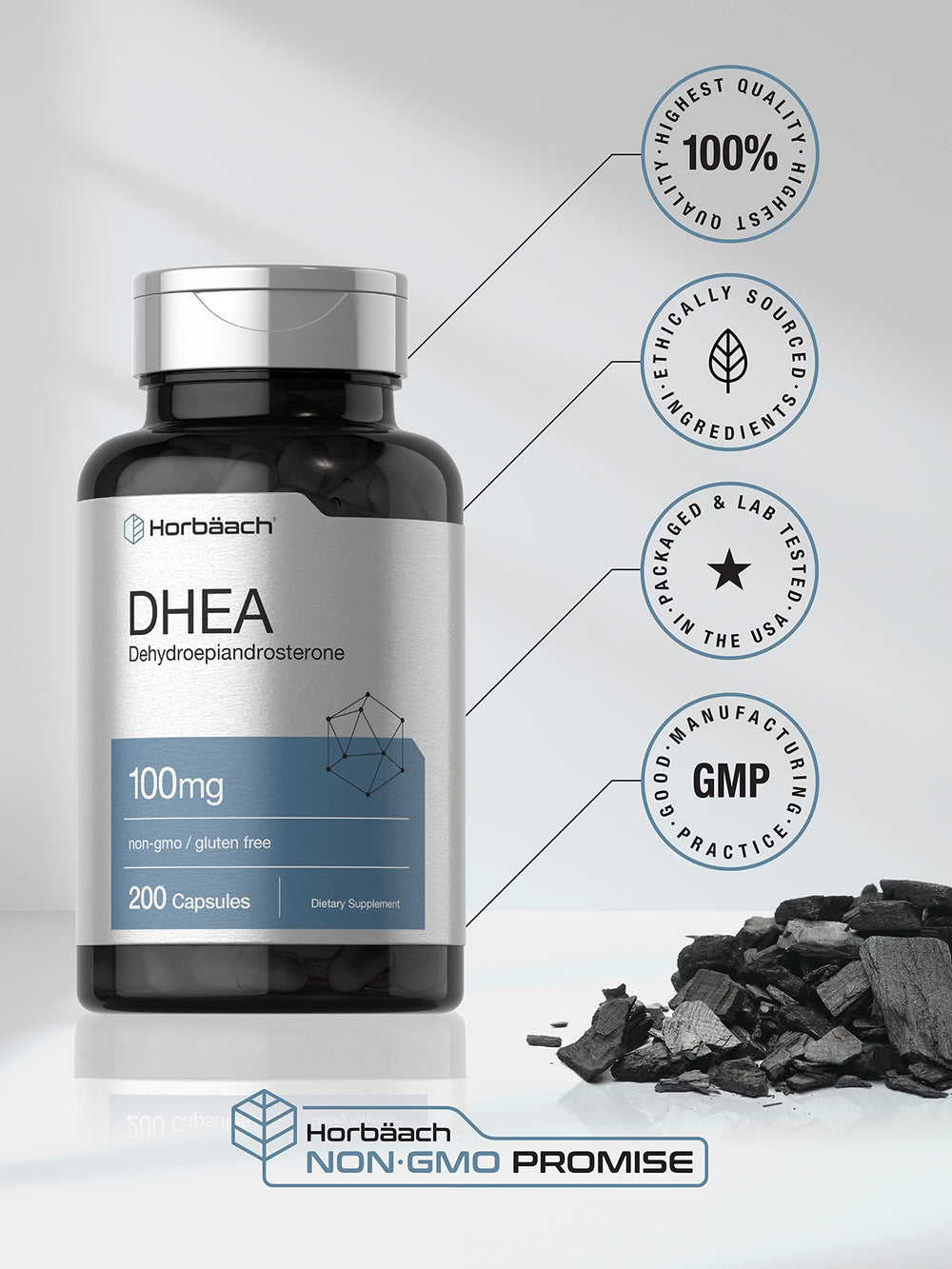 Horbäach etiqueta de ingredientes de DHEA mostrando información de pureza y alérgenos