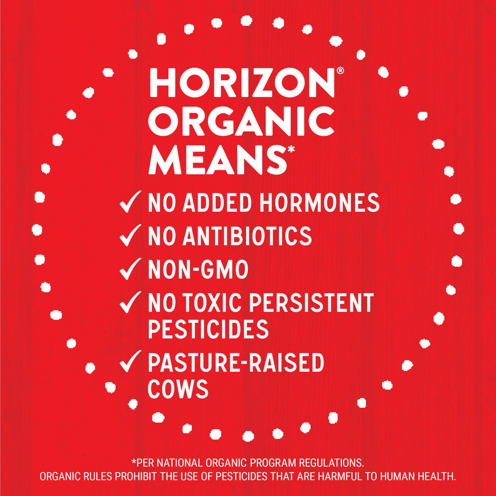 Horizon Organic caja junto a una botella para comparar tamaño y porción