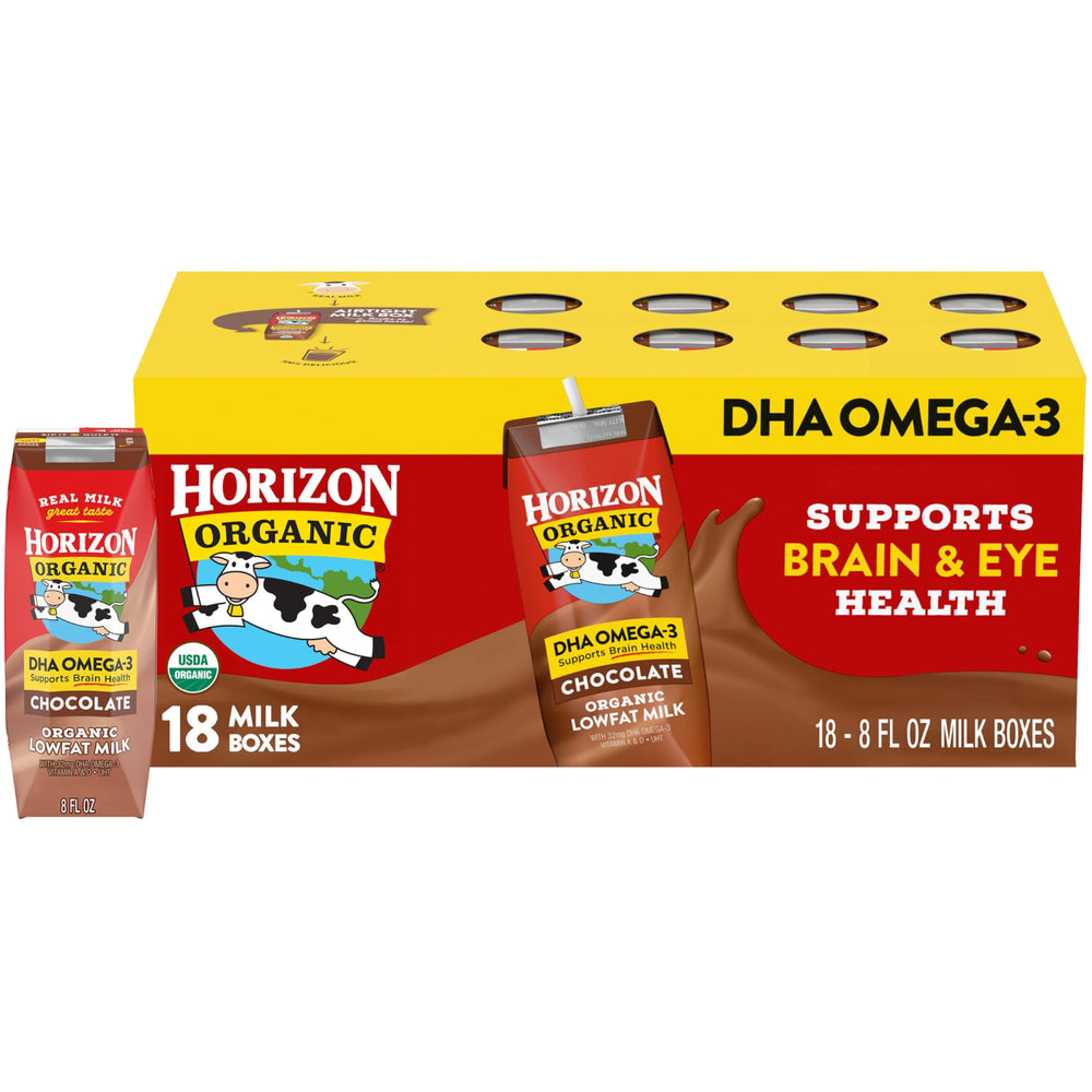 Horizon Organic frente del paquete con 18 cajas, comodidad para loncheras