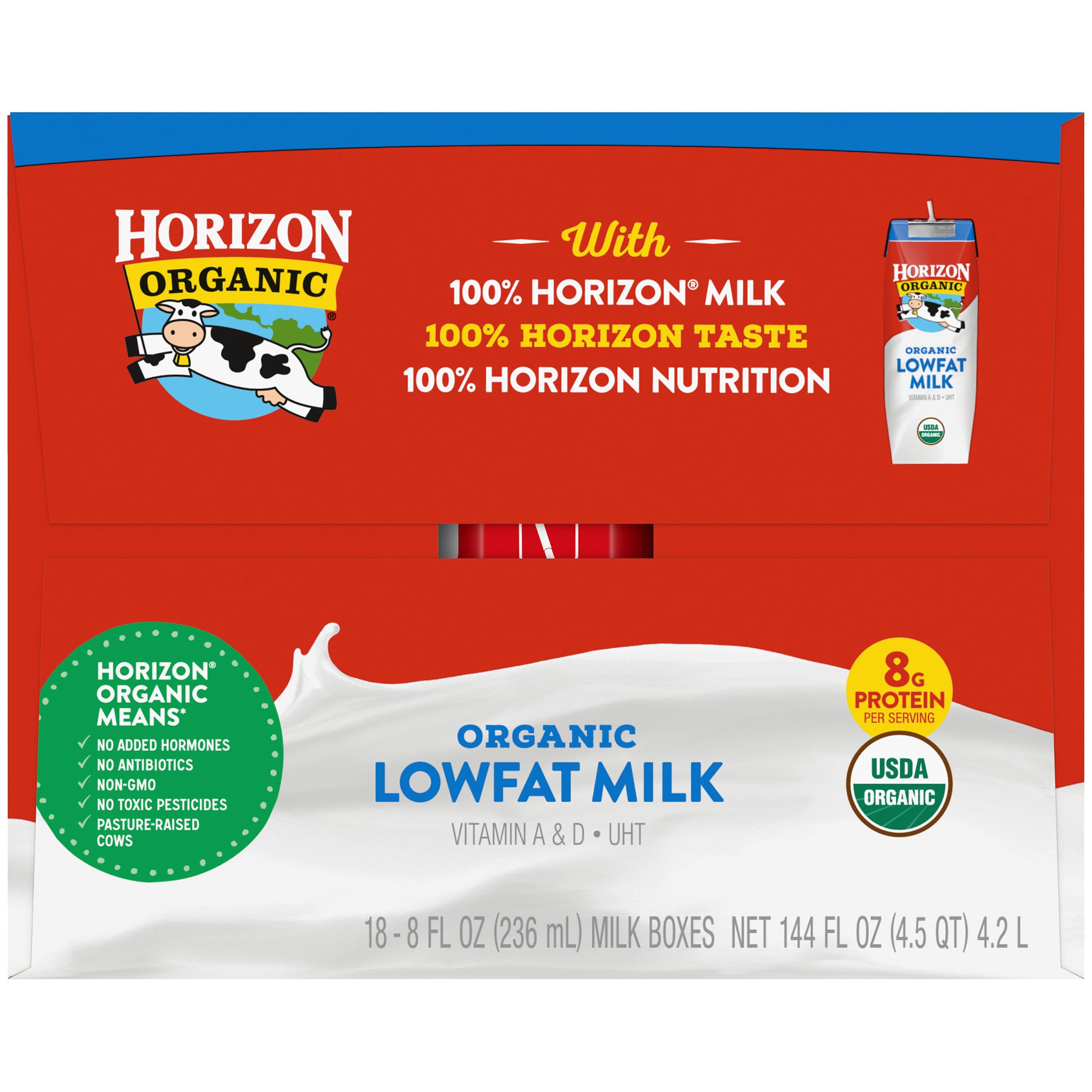 Horizon Organic carton held in hand for scale to show single-serve portability