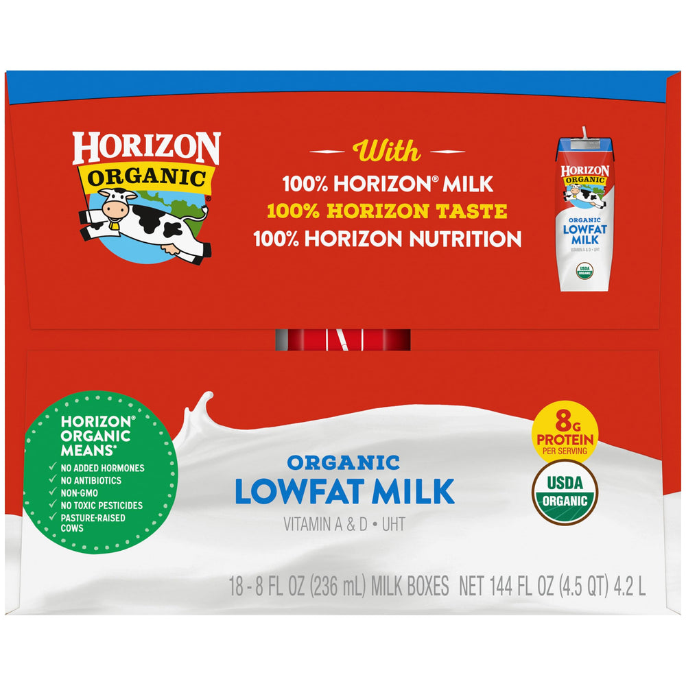 Horizon Organic carton held in hand for scale to show single-serve portability