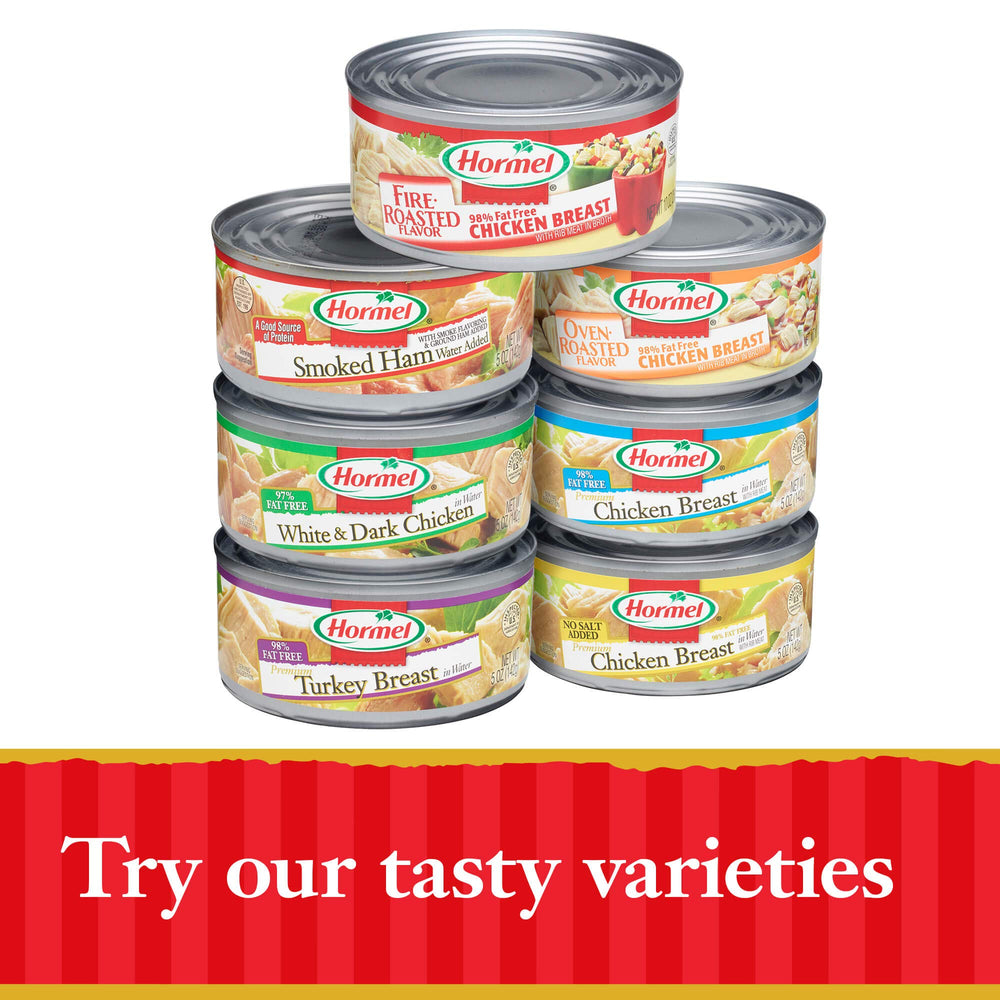 HORMEL lata junto a mano para comparar tamaño y porciones