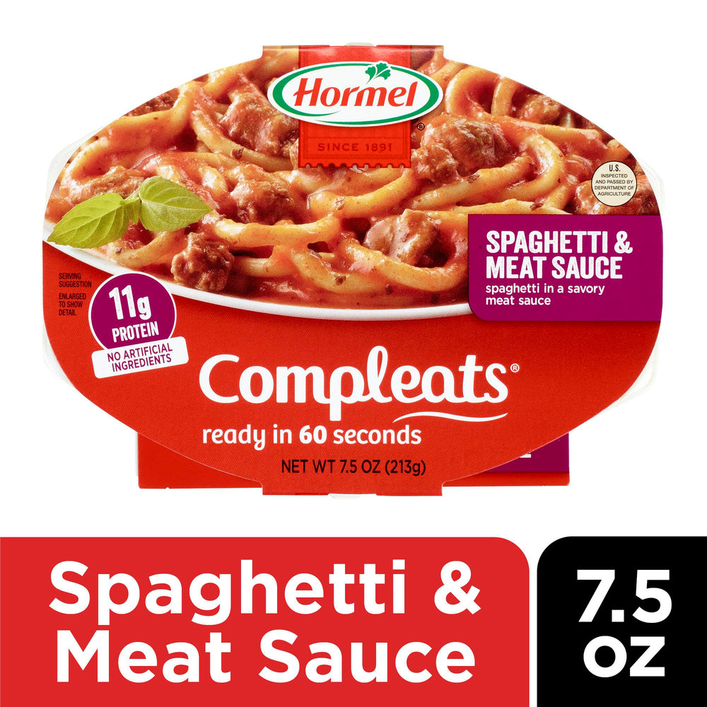 Hormel Compleats bandeja abierta con textura de spaghetti y salsa sabrosa