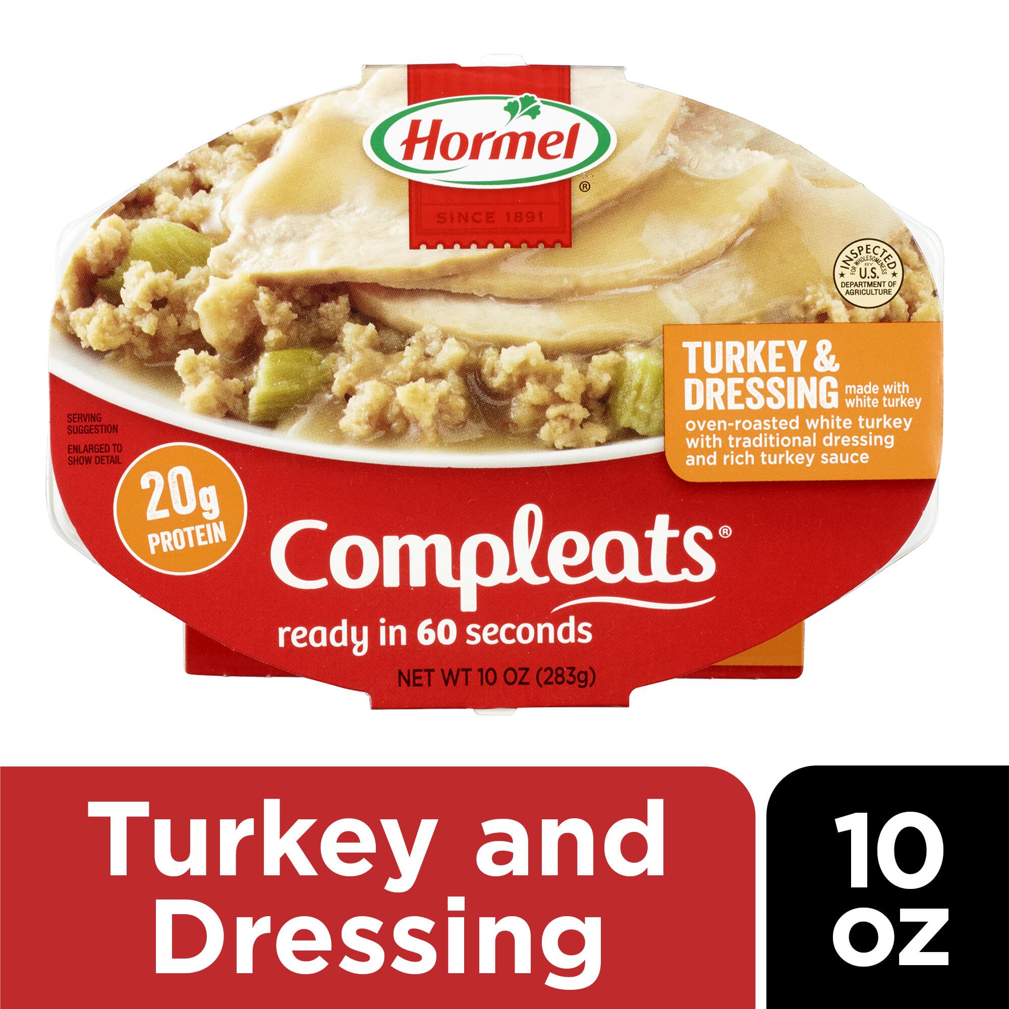 HORMEL COMPLEATS bandeja abierta con textura, vista de ingredientes listas para calentar