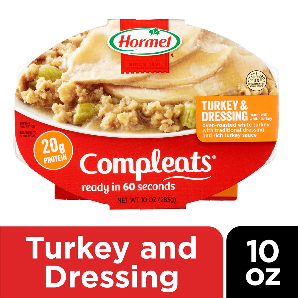 HORMEL COMPLEATS bandeja abierta con textura, vista de ingredientes listas para calentar