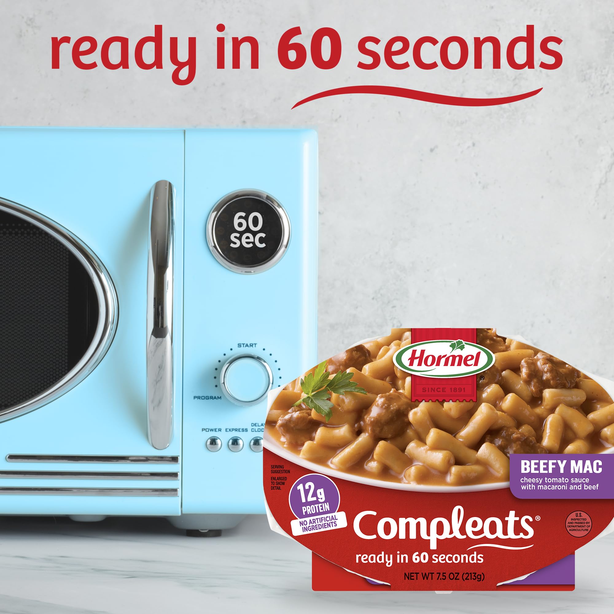 HORMEL COMPLEATS detalle de la bandeja y textura de salsa, apetitoso y listo en minutos