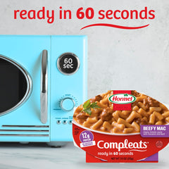 HORMEL COMPLEATS detalle de la bandeja y textura de salsa, apetitoso y listo en minutos