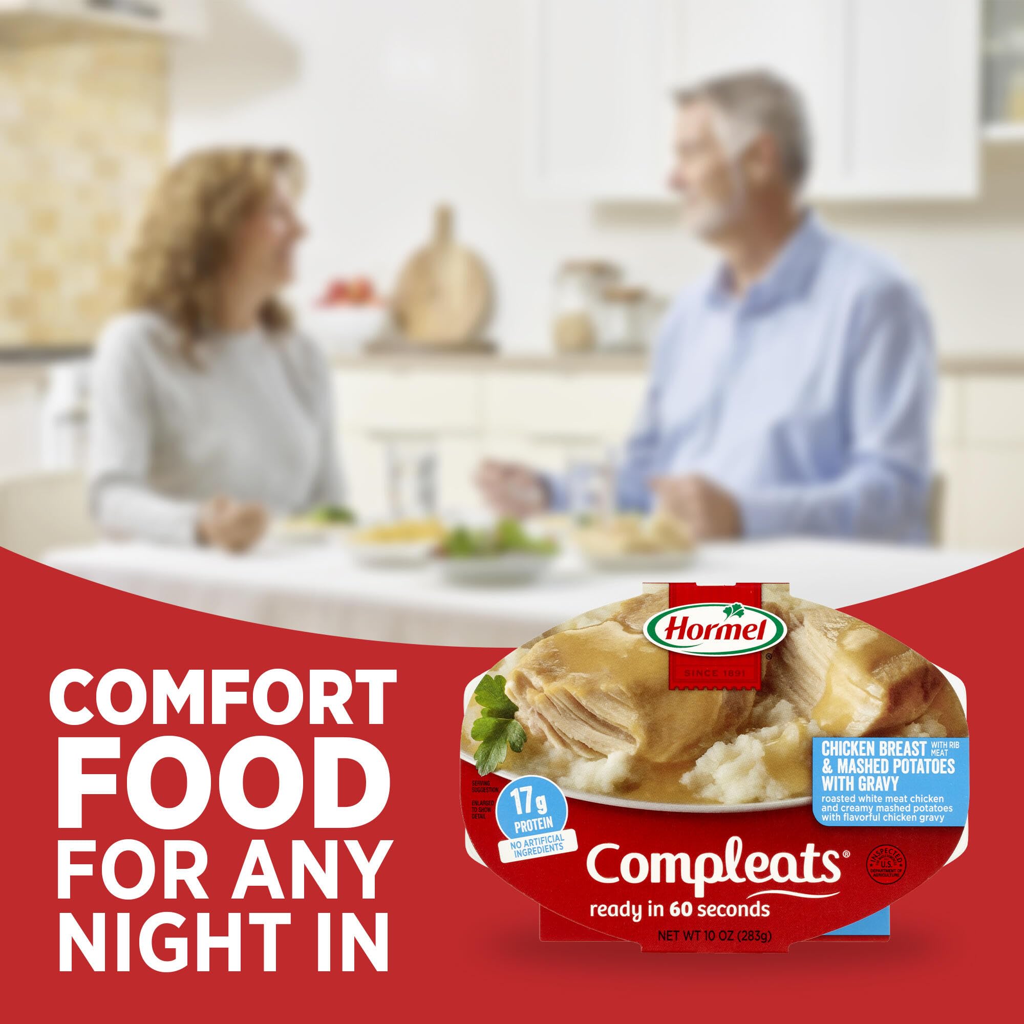 HORMEL COMPLEATS comparación de tamaño en mano indicando porción individual