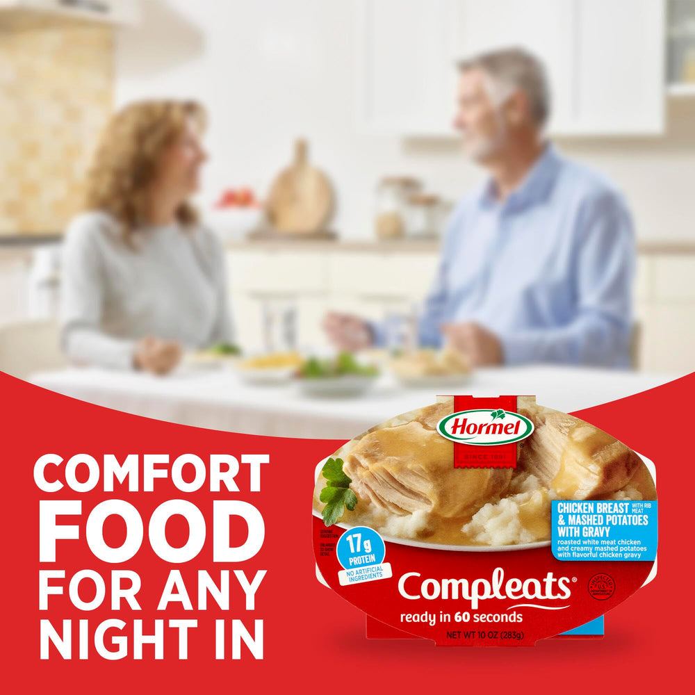 HORMEL COMPLEATS comparación de tamaño en mano indicando porción individual