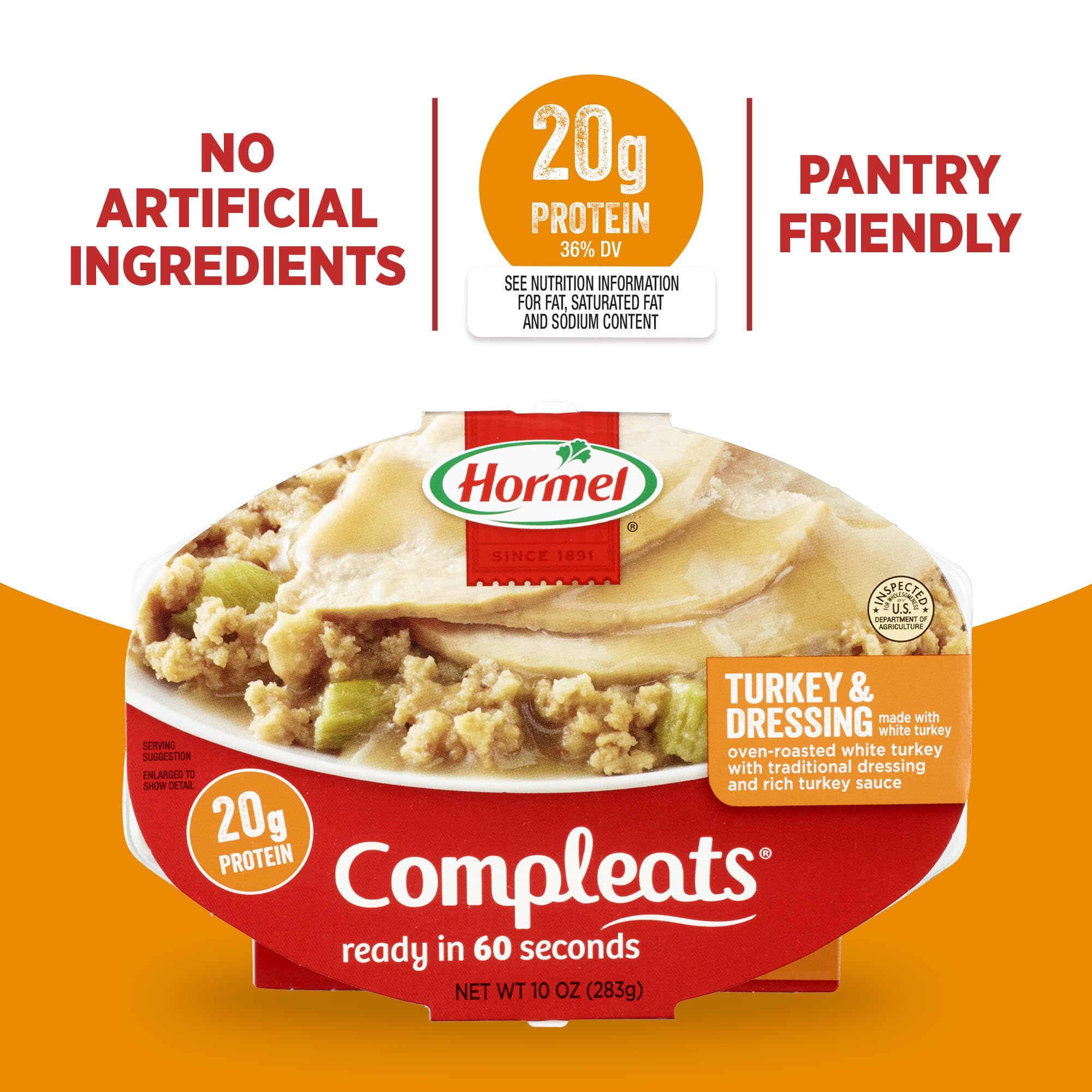 HORMEL COMPLEATS etiqueta nutricional legible, muestra proteína y datos clave