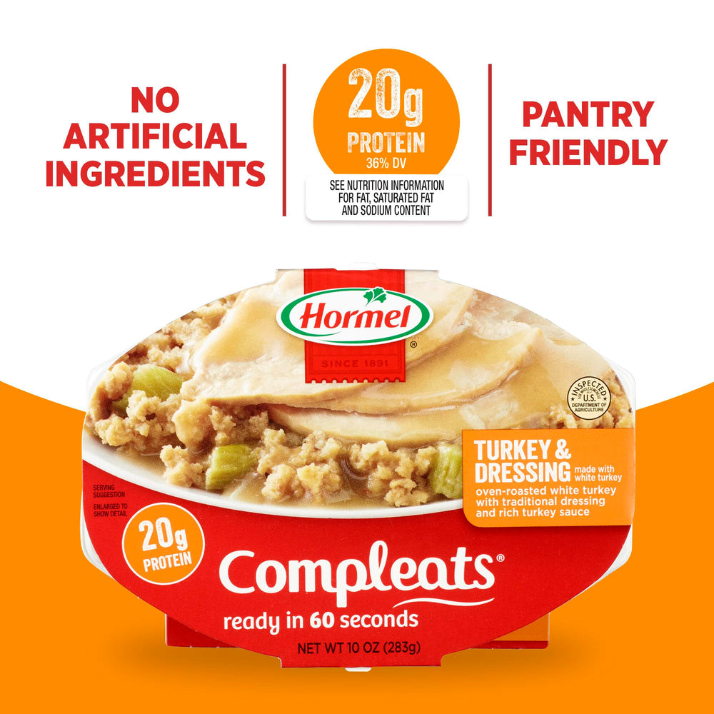 HORMEL COMPLEATS etiqueta nutricional legible, muestra proteína y datos clave
