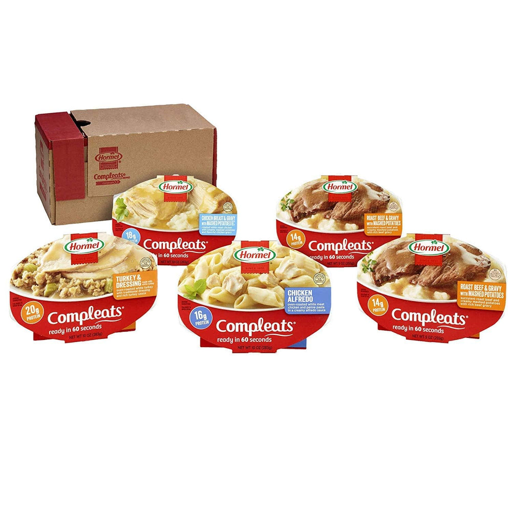 HORMEL COMPLEATS frontal del pack variedad mostrando las cinco bandejas, conveniencia inmediata