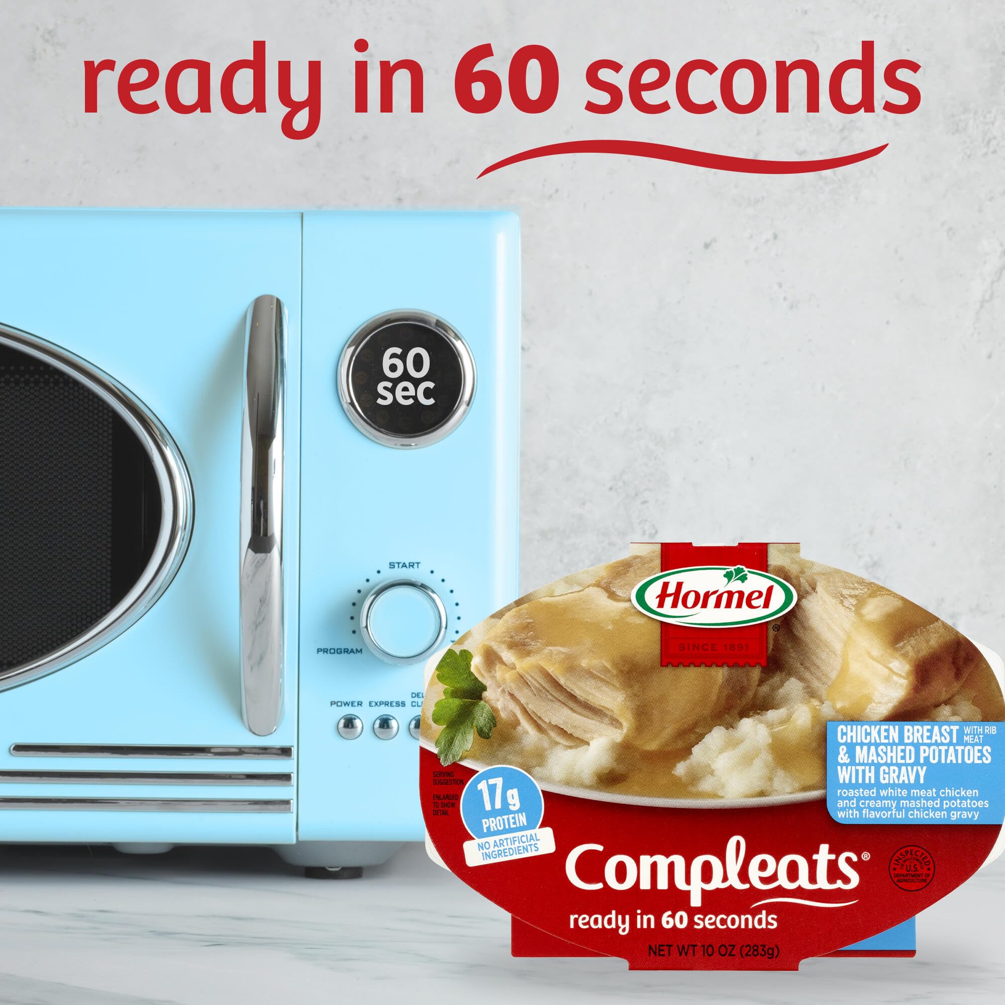 HORMEL COMPLEATS gravy vertiéndose sobre puré mostrando jugosidad y sabor