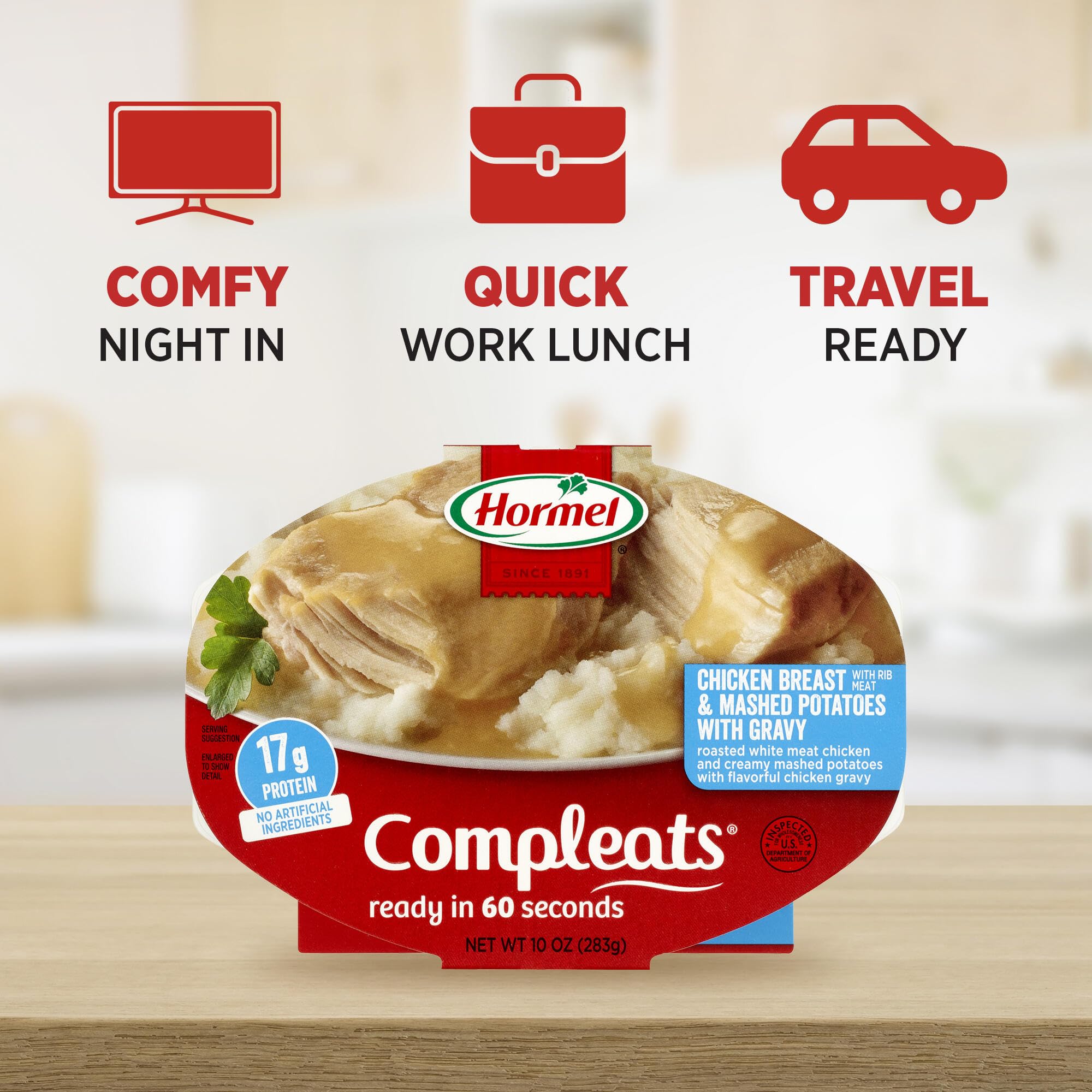 HORMEL COMPLEATS puré cremoso en primer plano demostrando textura suave