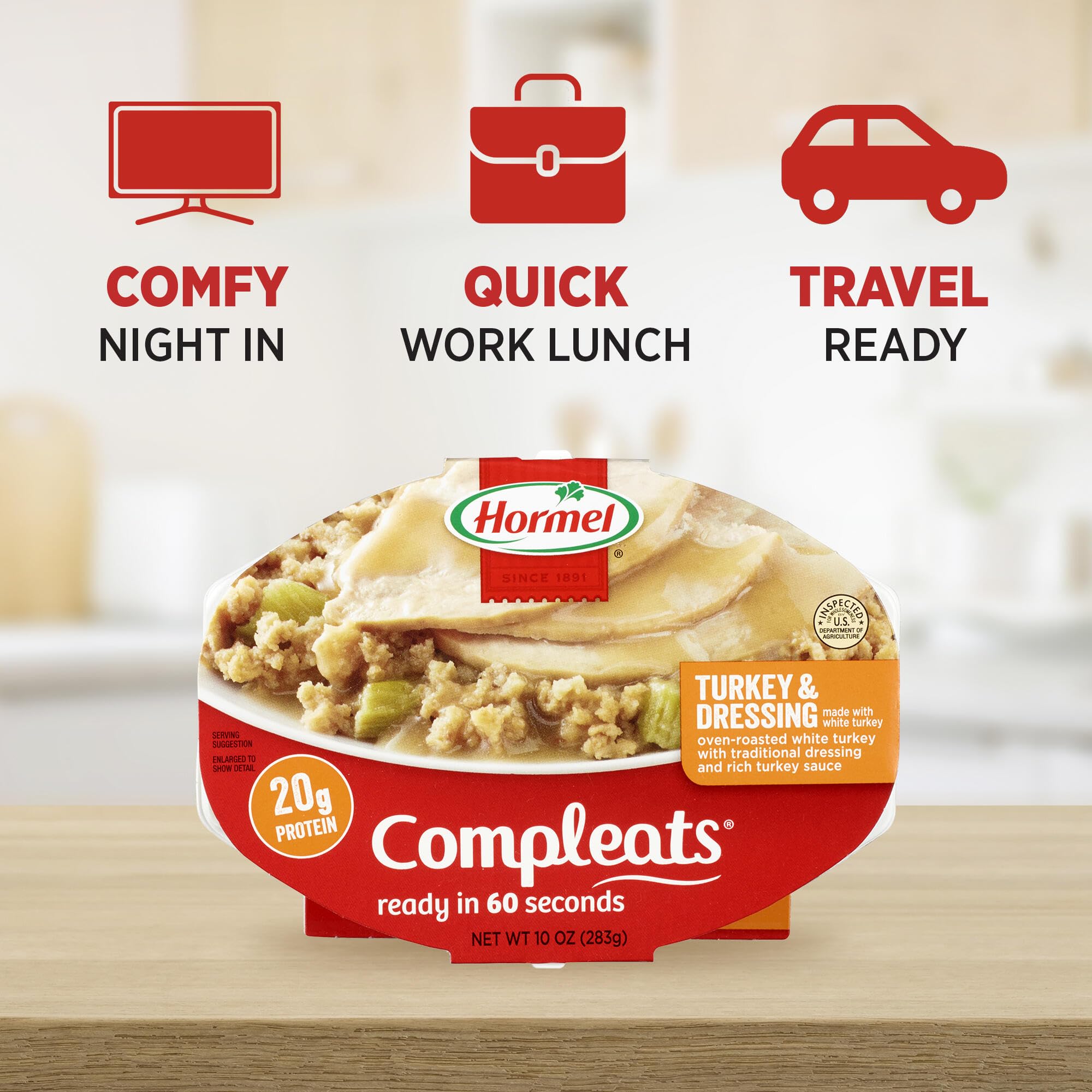 HORMEL COMPLEATS detalle del relleno tradicional, textura y sabor hogareño