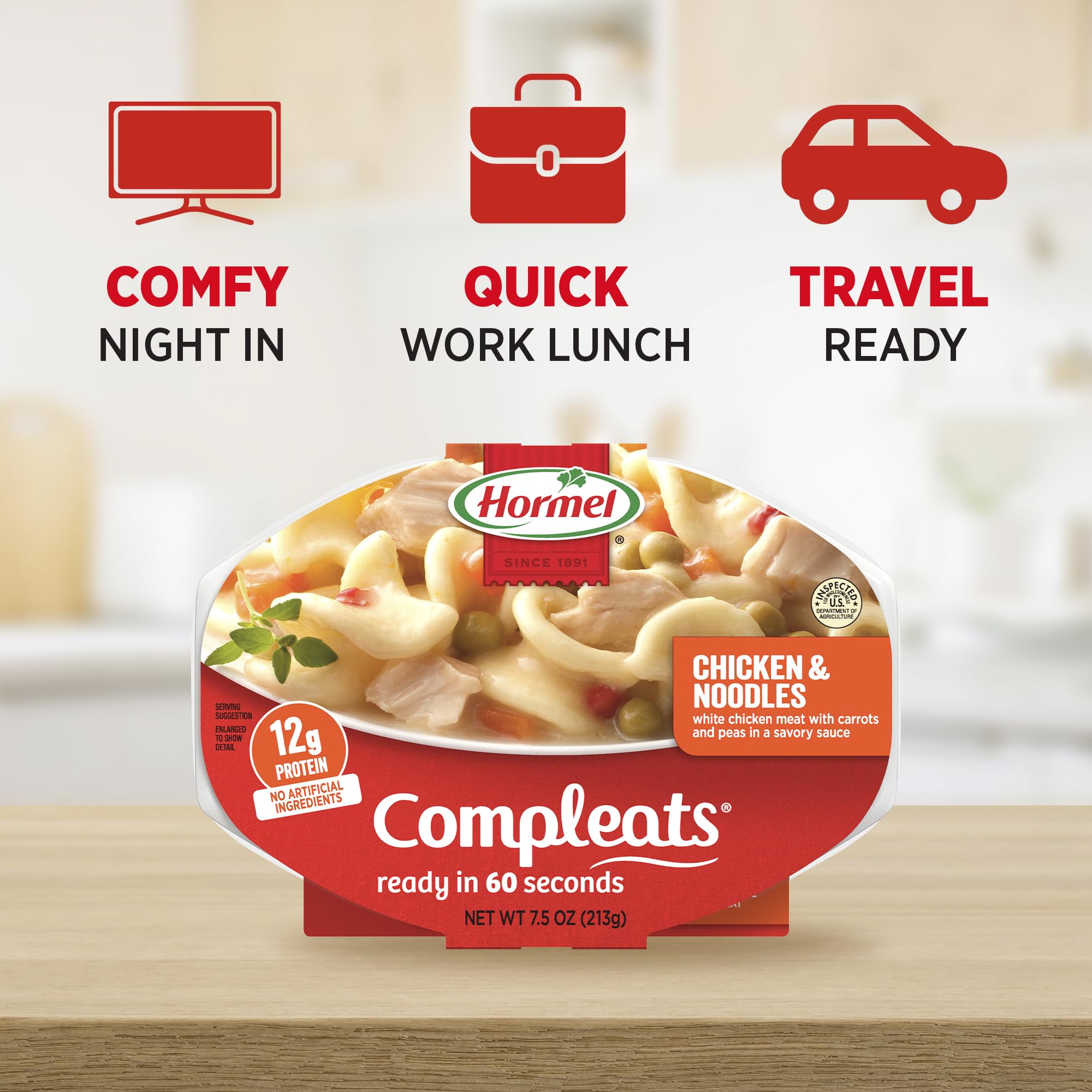HORMEL COMPLEATS comparación de tamaño con mano para escala, fácil transporte