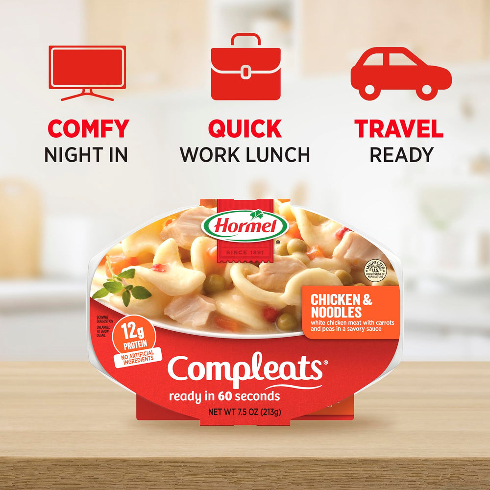 HORMEL COMPLEATS comparación de tamaño con mano para escala, fácil transporte