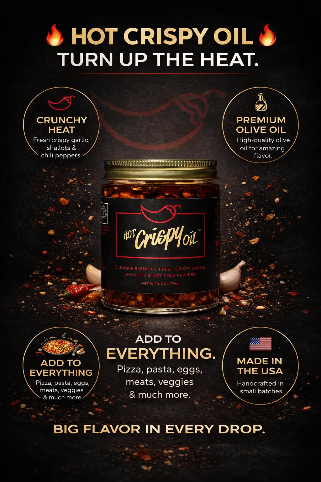 Hot Crispy Oil primer plano ajo frito crujiente añade sabor