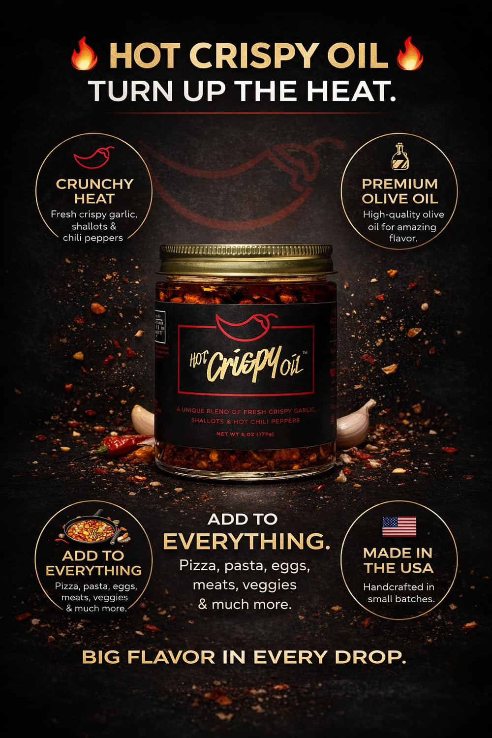 Hot Crispy Oil primer plano ajo frito crujiente añade sabor