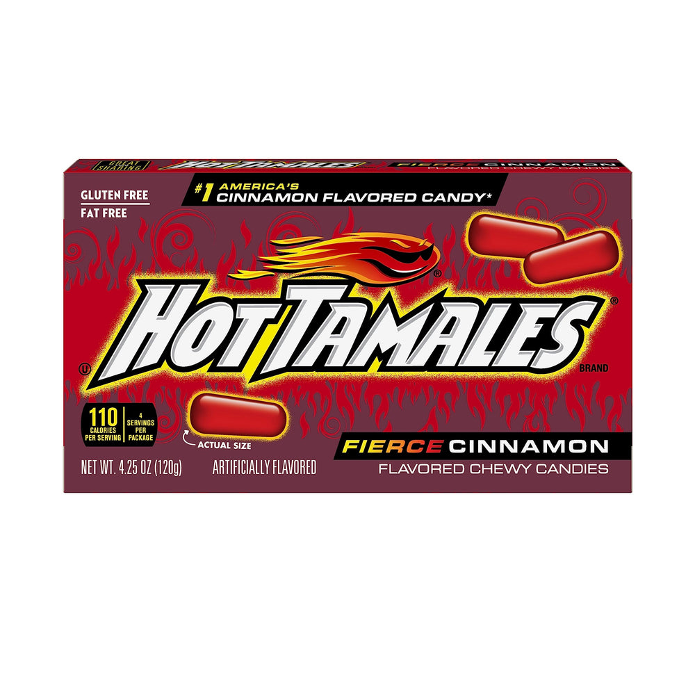 Just Born caja frontal de Hot Tamales con diseño y beneficio de porción individual