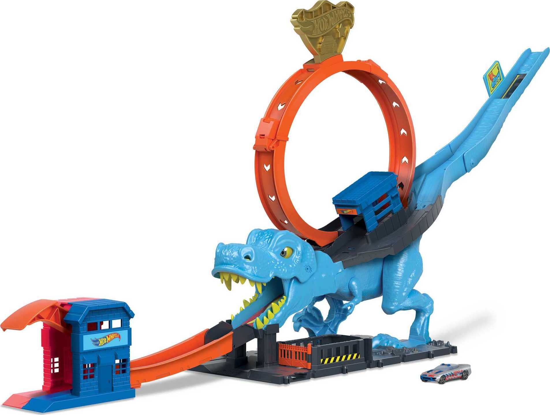 Hot Wheels vista frontal del set T-Rex mostrando la pista y la base temática