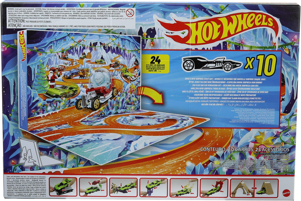 Hot Wheels escena de juego con pista, coches y accesorios creando historia festiva