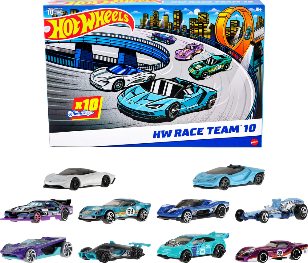 Hot Wheels empaque frontal mostrando las diez unidades y atractivo visual