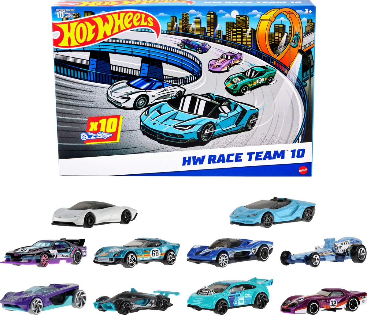 Hot Wheels empaque frontal mostrando las diez unidades y atractivo visual