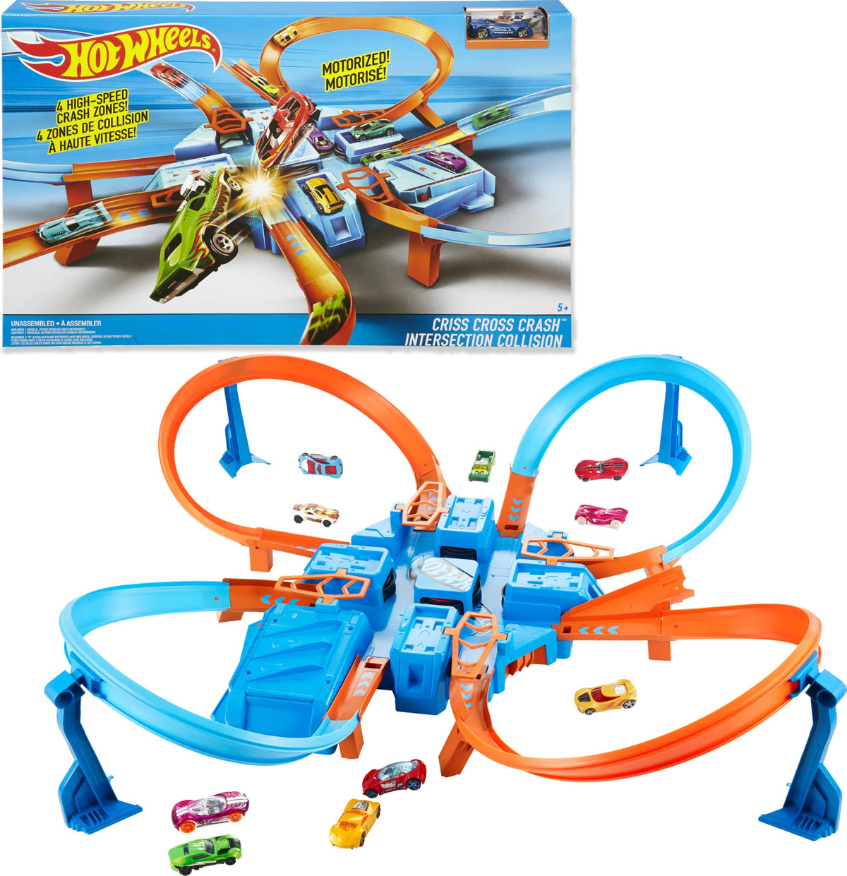 Hot Wheels vista frontal del set con booster motorizado y efecto velocidad