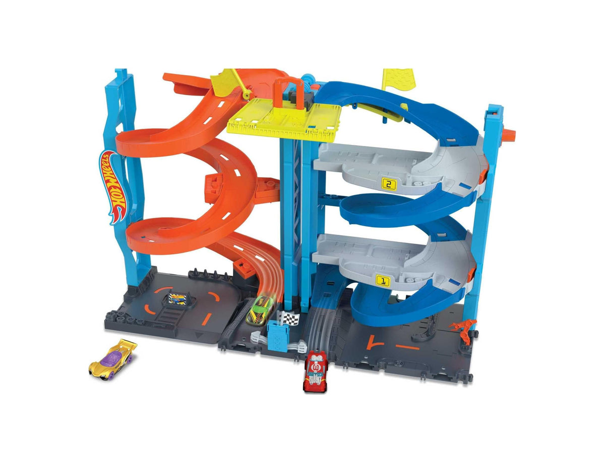 Hot Wheels vista frontal de la torre, atractivo visual y juego inmediato