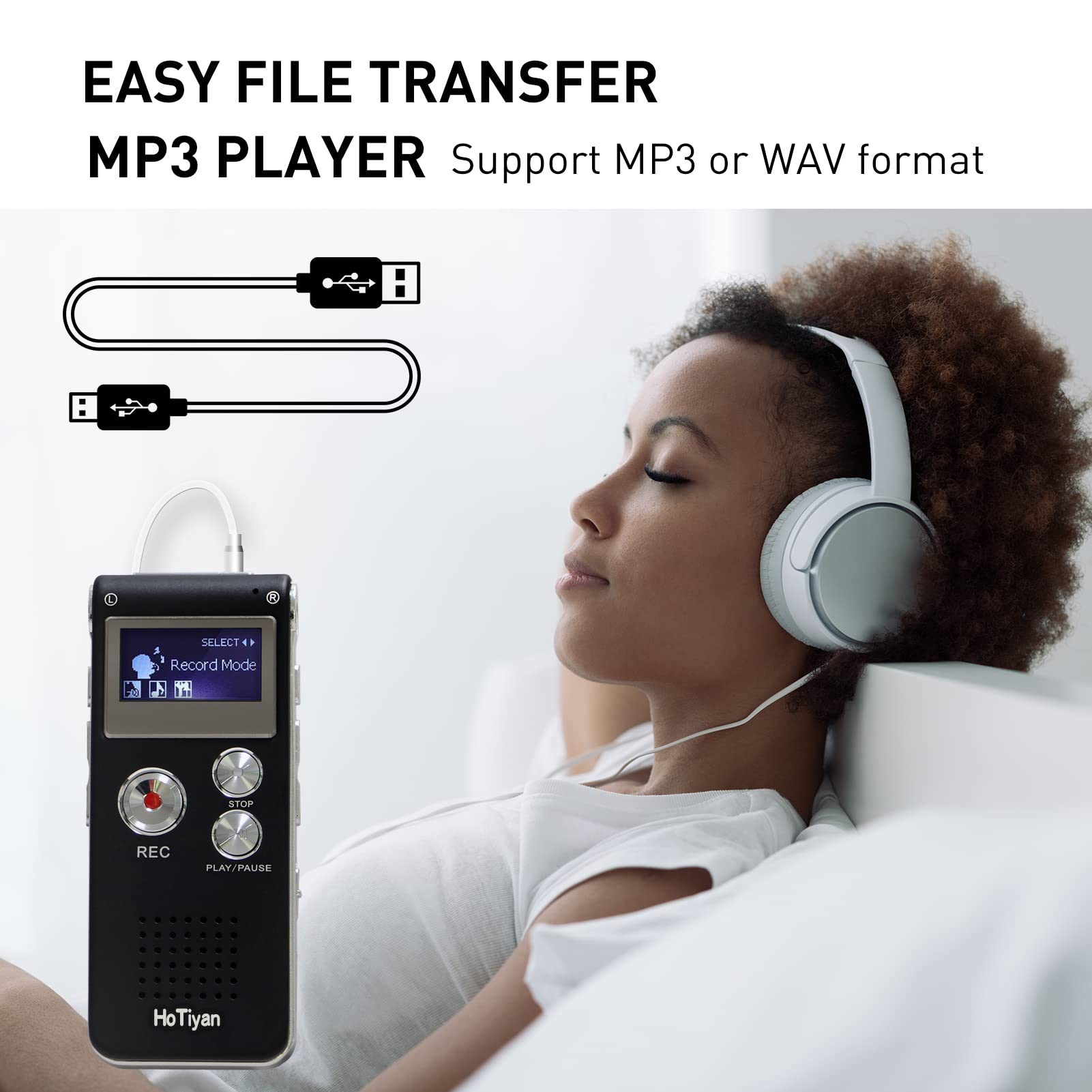 HoTiyan with earphones playing MP3s for on-the-go review benefit