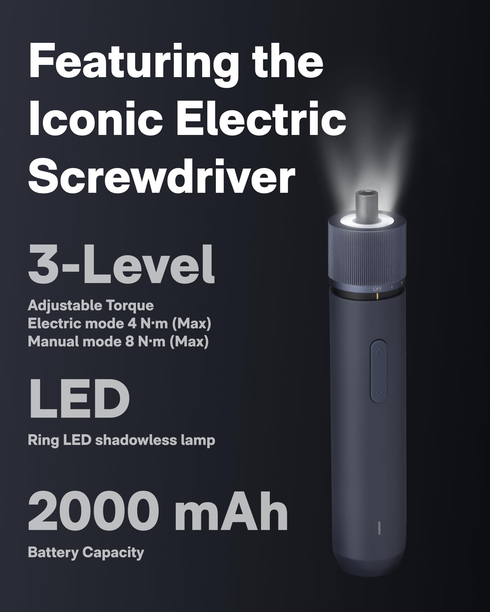 HOTO destornillador eléctrico en detalle con luz LED y control de par