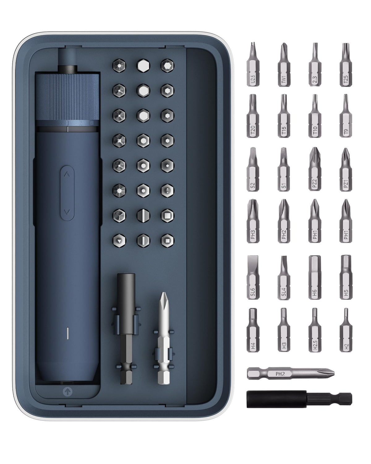 HOTO vista frontal del kit con estuche magnético y destornillador mostrando orden