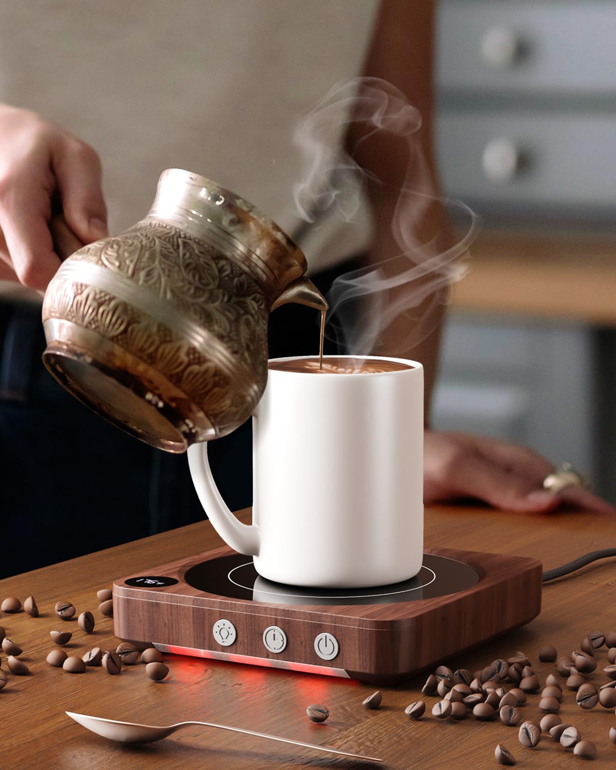 House Gem escena de escritorio lifestyle con café caliente y estética cálida en oficina