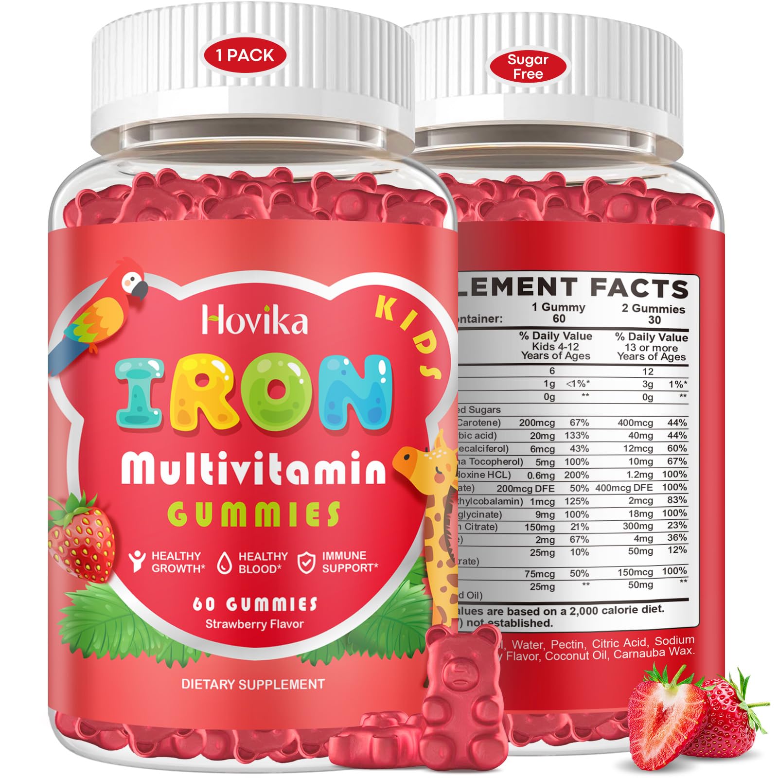 Hovika envase frontal de gomitas de hierro con diseño claro y 60 unidades