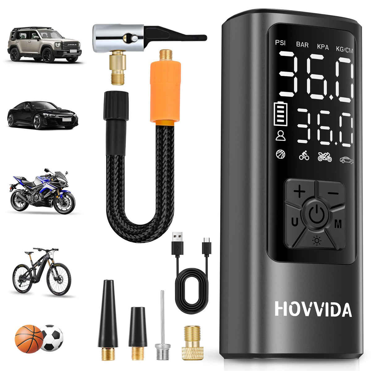 HOVVIDA vista frontal del inflador compacto para emergencias